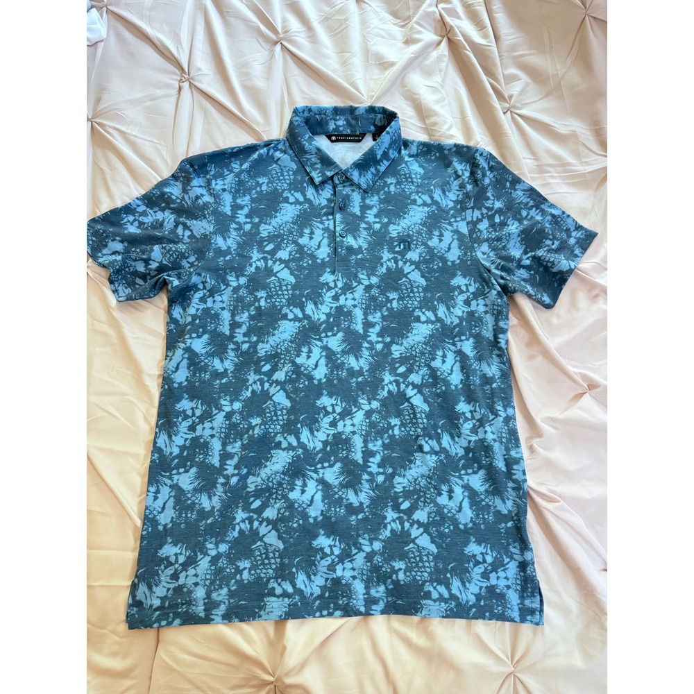 TravisMathew Mens Blue Pineapple Floral Print Golf Polo Shirt Size L Large